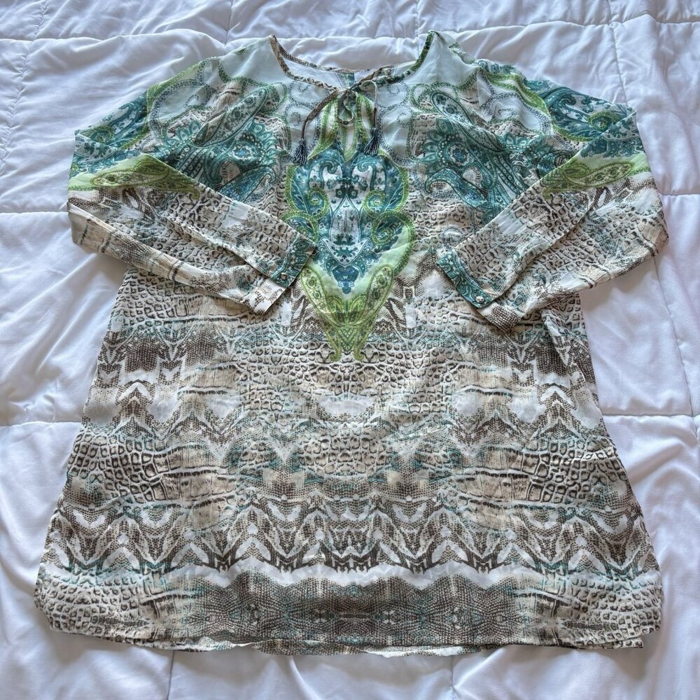 Chicos Womens Size 16/18 Paisley Animal Print Long Sleeve Tie Neck Blouse Green